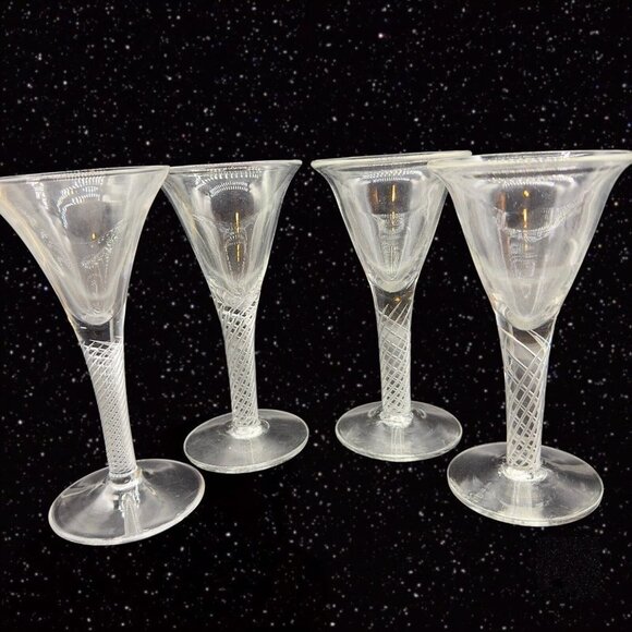 Antique Victorian Clear Spiral Twist Stem Wine Glasses Hand Blown Goblet Set 4
